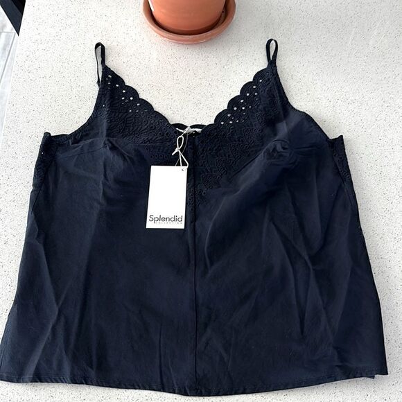NWT Splendid Eyelet Navy Blue Tank M V Neck Cotton Adjustable Straps Loose Fit - Picture 7 of 14